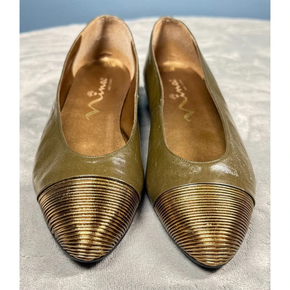 Nina Flats Womens 8.5 N Olive Green Gold Cap Toe Patent Leather Made in Spain